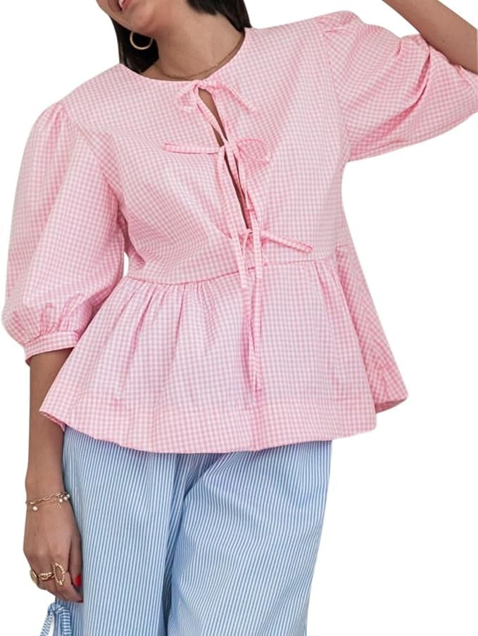 Y2K Puff Sleeves Bandage Blouse Women's Size Large Pink Open Front Peplum
