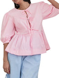 Y2K Puff Sleeves Bandage Blouse Women's Size Large Pink Open Front Peplum