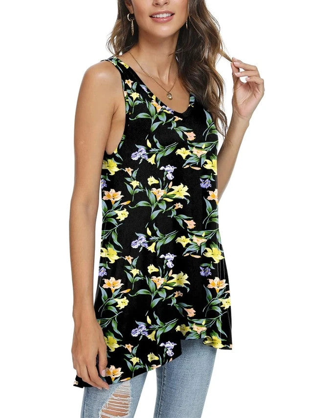 Popyoung Summer V Neck Tank Top Women's Size Medium Black Lily Flowy Lightweight