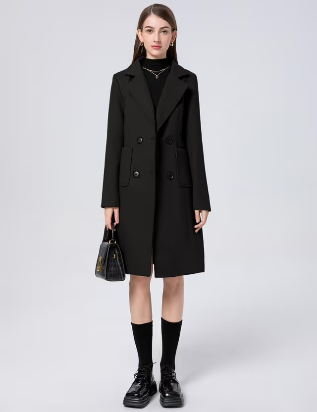Sukany Notched Collar Double Breasted Coat Women's Size Small Black Winter Wear