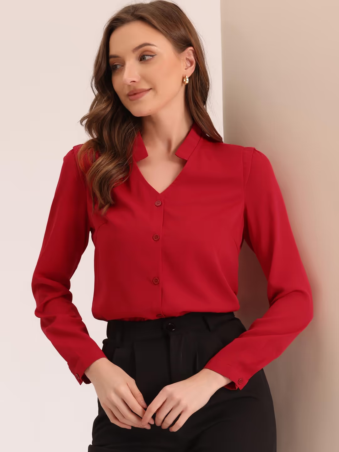 Allegra K Button Up Cropped Blouse Women's Size Small Red V Neck Long Sleeve