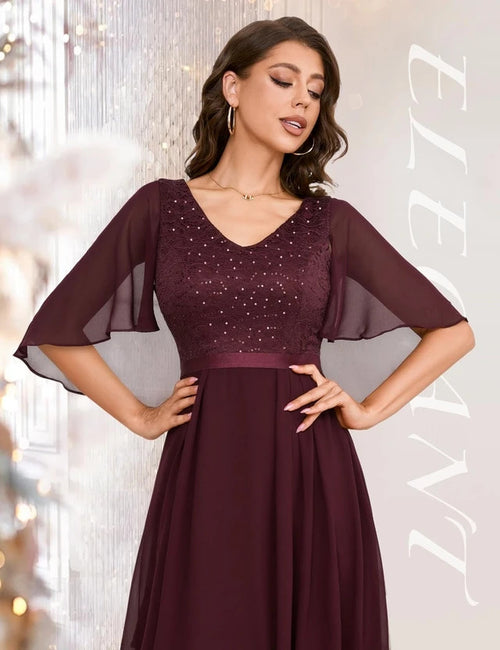 Dressystar Knee Cocktail Dress Women's Size 2XL Burgundy Short Sleeves V-Neck
