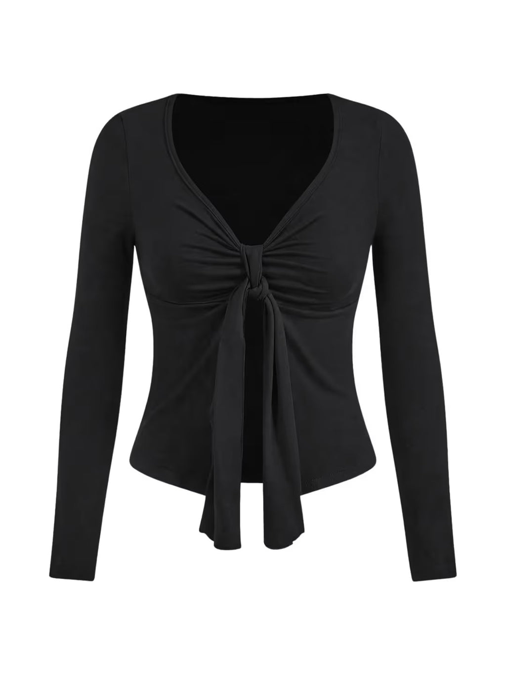 Tie Knot Ruched Slit Hem Top Women's Size Medium Black V Neck Long Sleeve