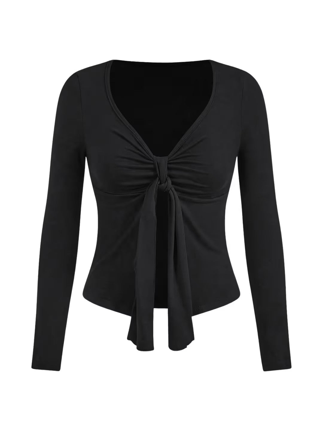 Tie Knot Ruched Slit Hem Top Women's Size Medium Black V Neck Long Sleeve