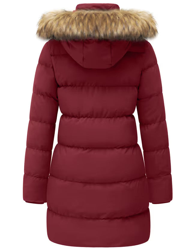 Wenven Quilted Parka Jacket Women's Size 3XL Wine Red Faux Fur Hood Winter Warm