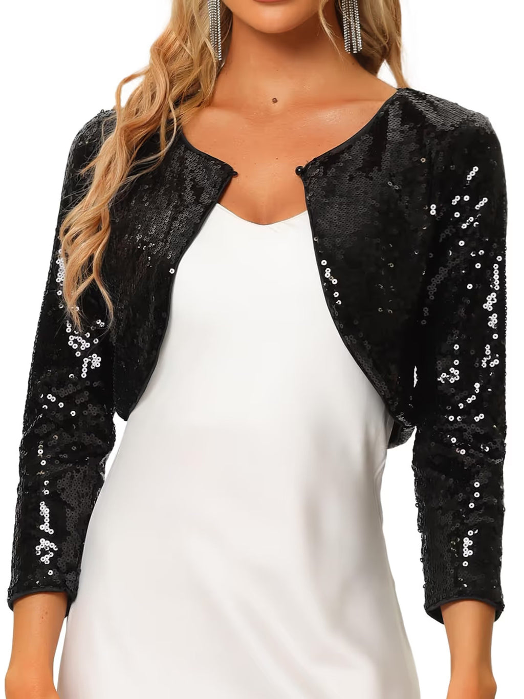 Allegra K Sparkly Crop Bolero Shrug Jacket Women's Large Black Sequin Open Front