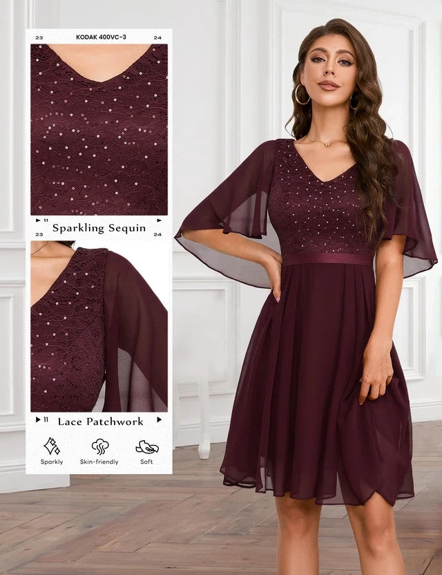 Dressystar Knee Cocktail Dress Women's Size 2XL Burgundy Short Sleeves V-Neck