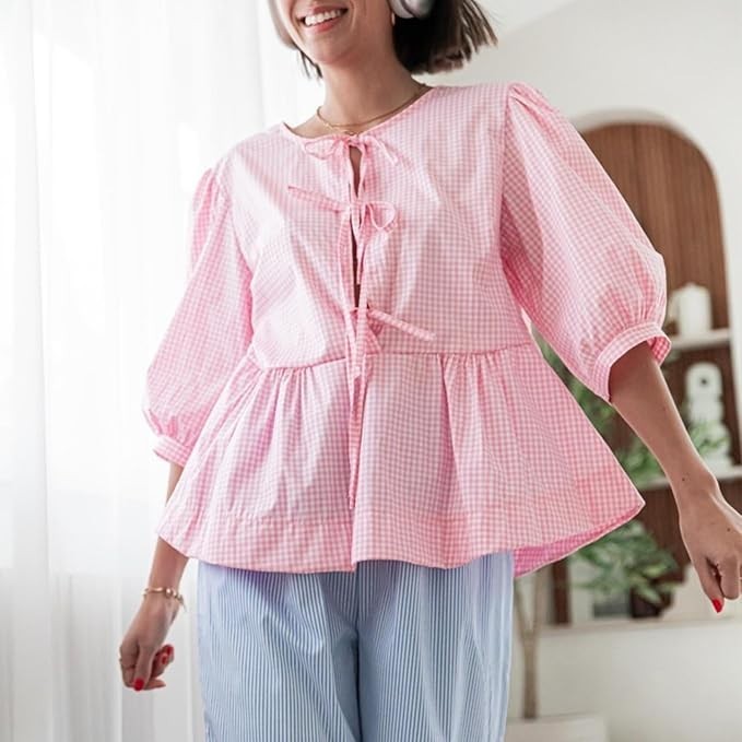 Y2K Puff Sleeves Bandage Blouse Women's Size Large Pink Open Front Peplum