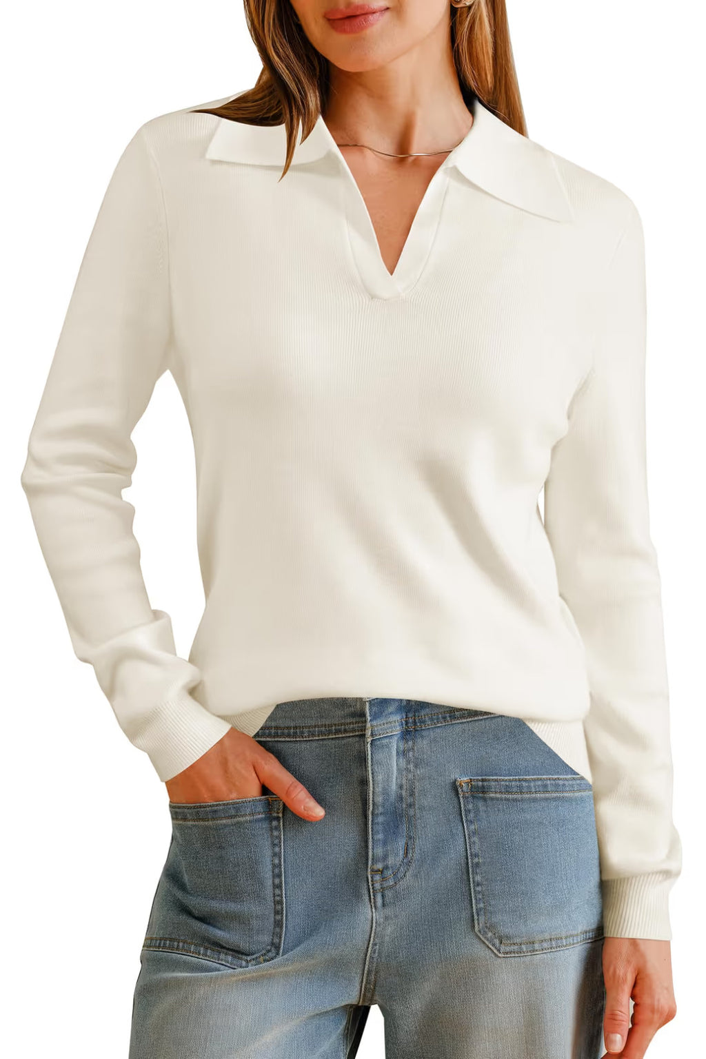 Arach&Cloz Polo V Neck Knit Tops Women's Size XXL White Wool Blend Long Sleeve
