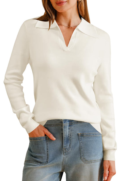 Arach&Cloz Polo V Neck Knit Tops Women's Size XXL White Wool Blend Long Sleeve
