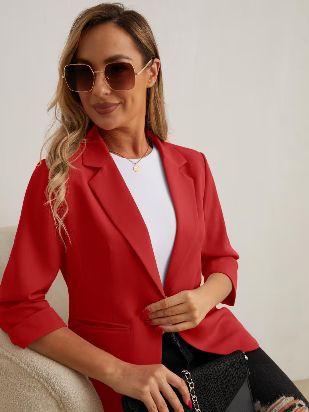 3/4 Sleeve Blazer Suit Jacket Women's Size 12 Red Pockets High Stretch Outerwear