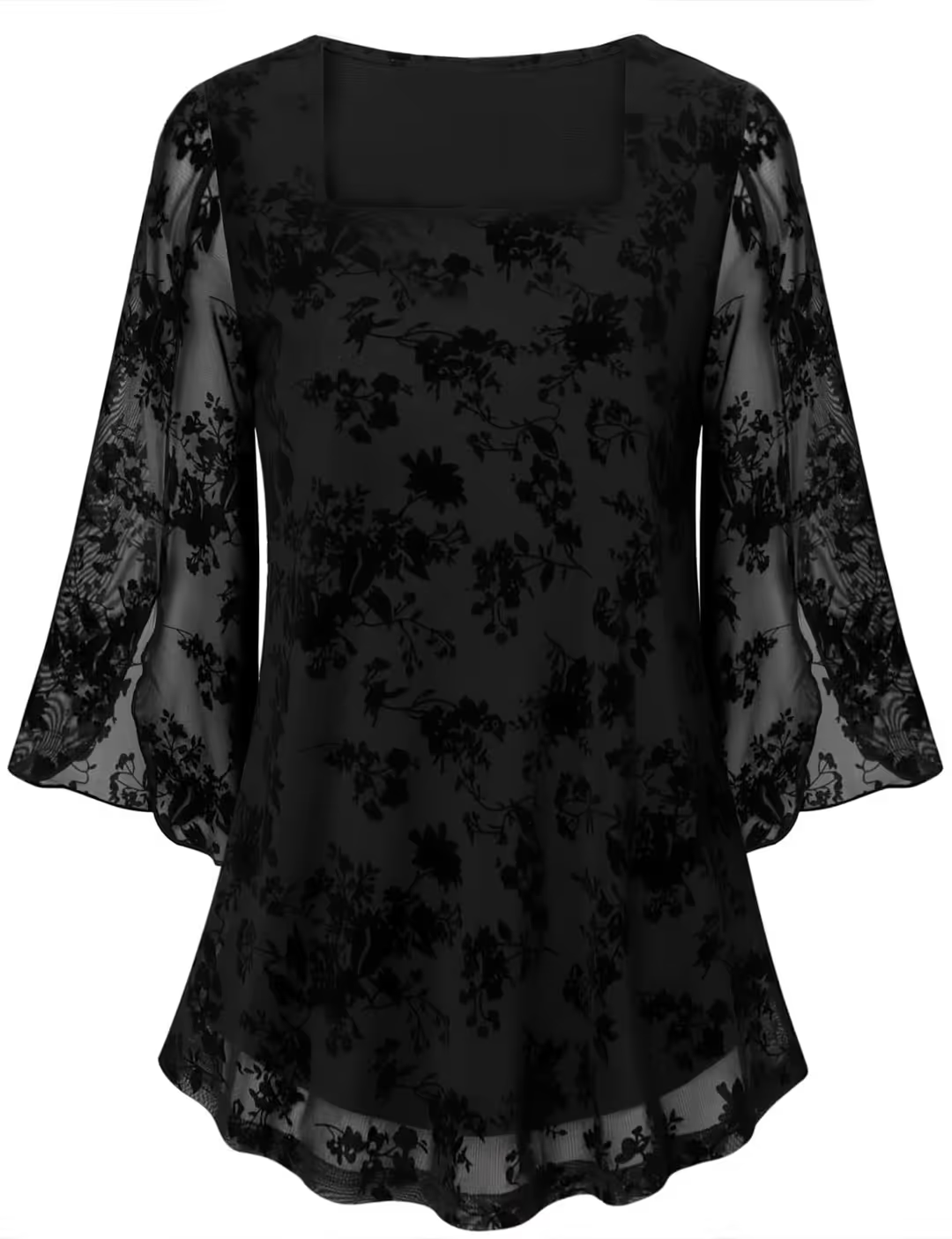 3/4 Sleeve Ruffle Tunic Tops Women's Size Large Black Square Neck Pull On