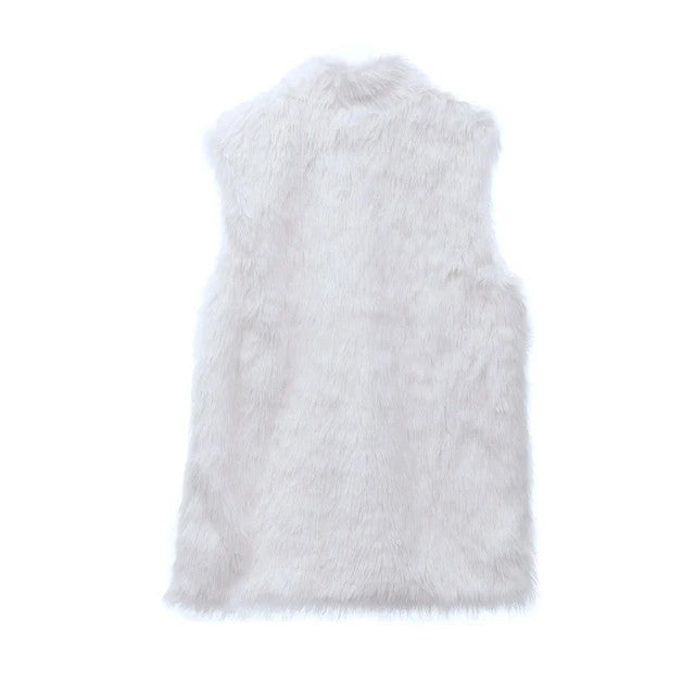 Faux Fur Waistcoat Women's Size XL White Pockets Sleeveless Mock Neck Zip Up