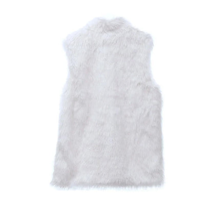 Faux Fur Waistcoat Women's Size XL White Pockets Sleeveless Mock Neck Zip Up