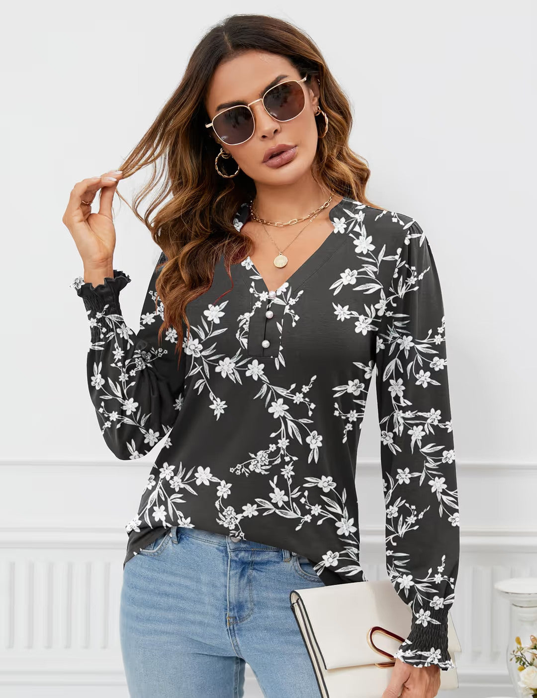 V Neck Button Down Tunic Blouse Women's Size Medium Black Floral Long Sleeve