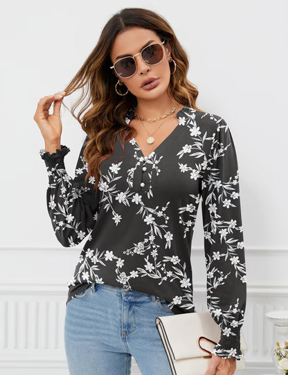 V Neck Button Down Tunic Blouse Women's Size Medium Black Floral Long Sleeve
