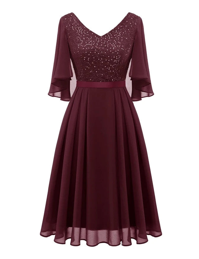 Dressystar Knee Cocktail Dress Women's Size 2XL Burgundy Short Sleeves V-Neck