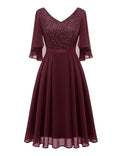 Dressystar Knee Cocktail Dress Women's Size 2XL Burgundy Short Sleeves V-Neck