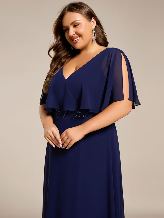 Ever-Pretty Mother-of-the-Bride Chiffon Dress Women's Size 2XL Navy V-Neck