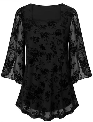 3/4 Sleeve Ruffle Tunic Tops Women's Size Large Black Square Neck Pull On