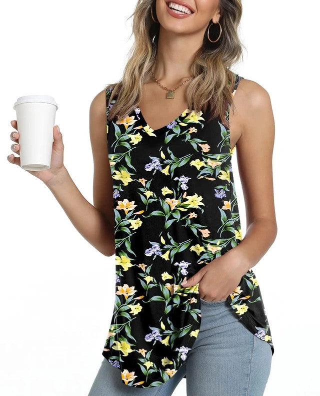 Popyoung Summer V Neck Tank Top Women's Size Medium Black Lily Flowy Lightweight
