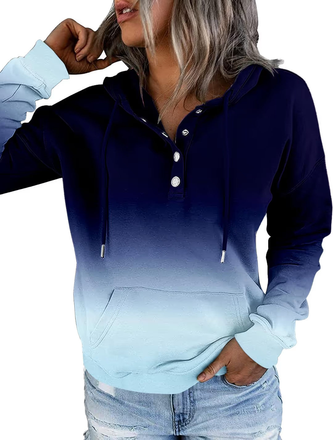 Long Sleeve Button Down Hoodie Women’s Size Large Gradient Navy Kangaroo Pockets