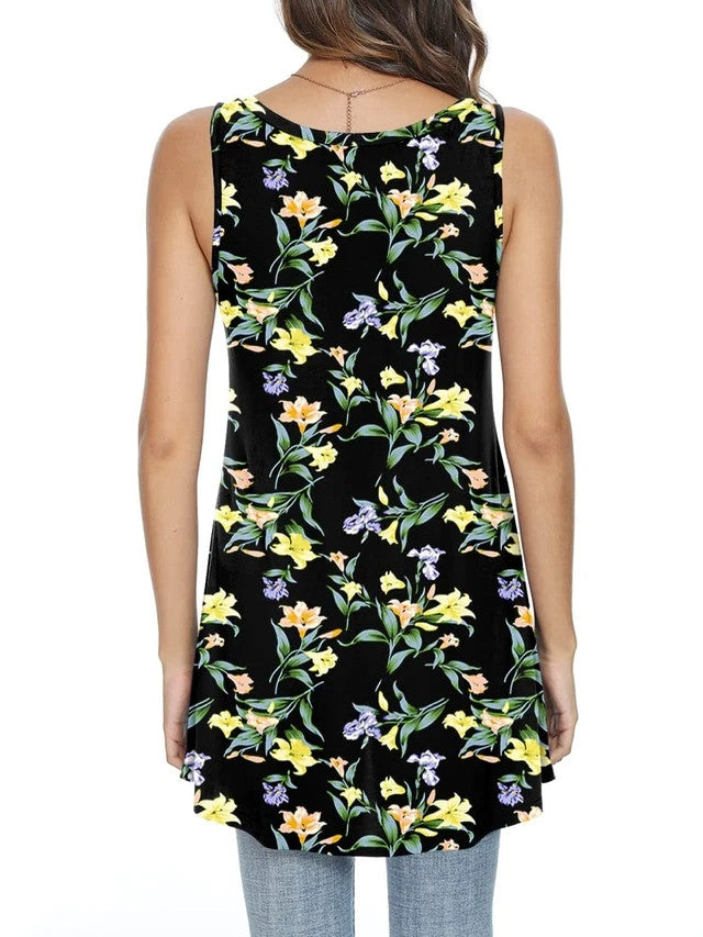 Popyoung Summer V Neck Tank Top Women's Size Medium Black Lily Flowy Lightweight