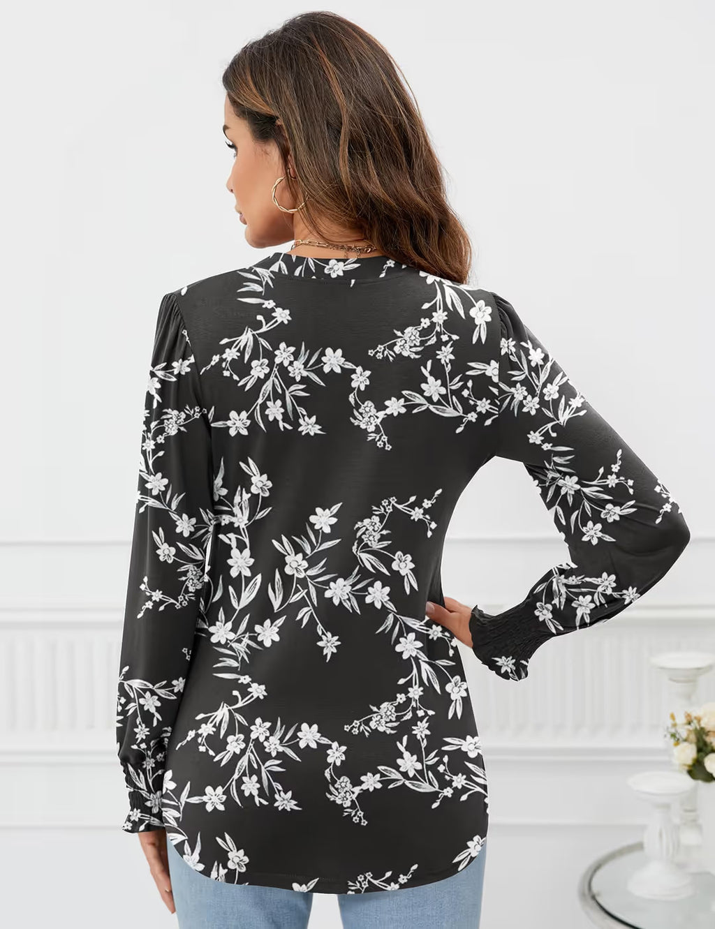 V Neck Button Down Tunic Blouse Women's Size Medium Black Floral Long Sleeve