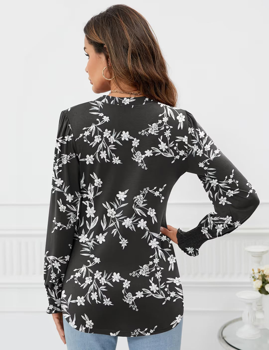 V Neck Button Down Tunic Blouse Women's Size Medium Black Floral Long Sleeve