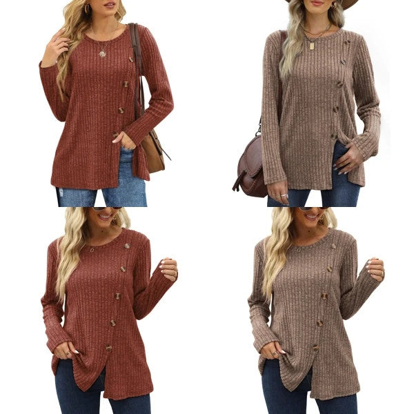 Slit Tunic Jumper Women's Size XL Maroon Long Sleeves Button Front Crew Neck