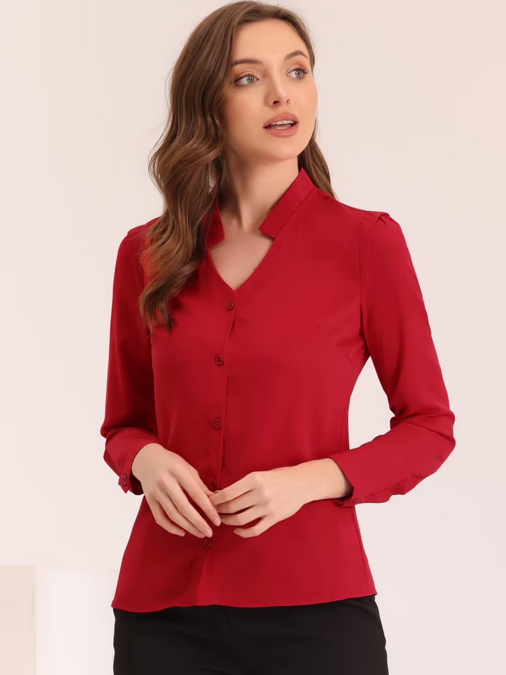 Allegra K Button Up Cropped Blouse Women's Size Small Red V Neck Long Sleeve