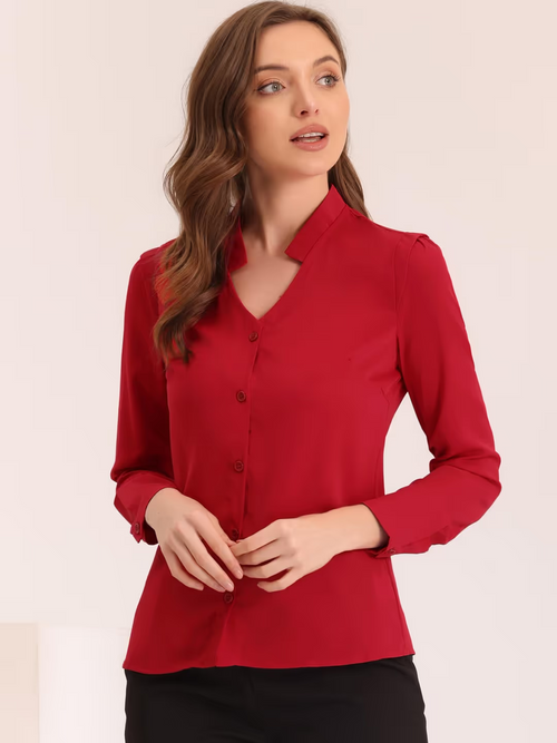 Allegra K Button Up Cropped Blouse Women's Size Small Red V Neck Long Sleeve