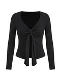 Tie Knot Ruched Slit Hem Top Women's Size Medium Black V Neck Long Sleeve