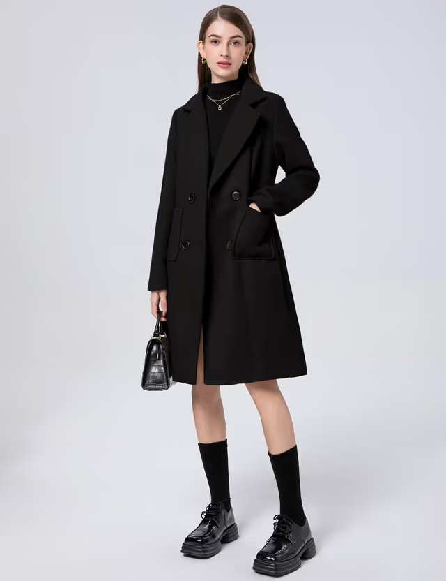 Sukany Notched Collar Double Breasted Coat Women's Size Small Black Winter Wear