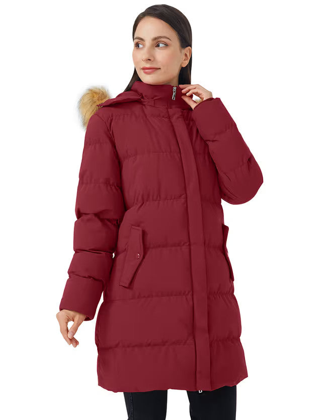 Wenven Quilted Parka Jacket Women's Size 3XL Wine Red Faux Fur Hood Winter Warm
