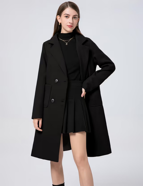 Sukany Notched Collar Double Breasted Coat Women's Size Small Black Winter Wear