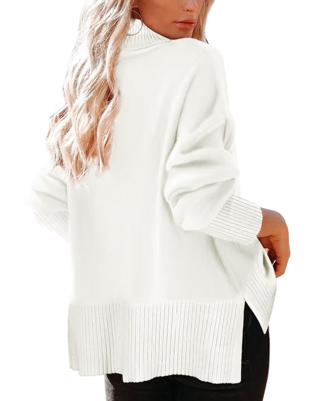 Aokosor Turtle Neck Ribbed Tunic Split Sweater Women's Size 14 White Pull On