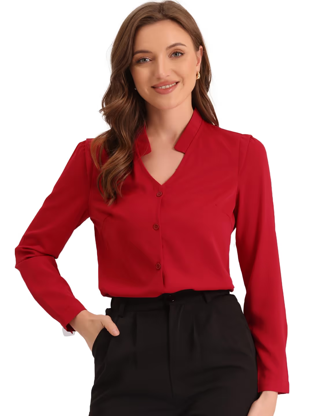Allegra K Button Up Cropped Blouse Women's Size Small Red V Neck Long Sleeve