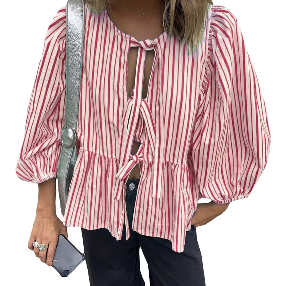 Y2K Puff Sleeves Bandage Blouse Women's Size Small Pink White Open Front Peplum