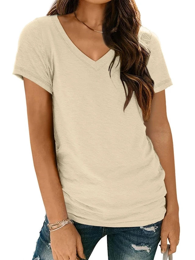 AirMood V Neck Summer Casual Tee Top Women's Size Small Apricot Short Sleeve