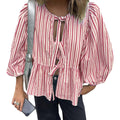 Y2K Puff Sleeves Bandage Blouse Women's Size Small Pink White Open Front Peplum