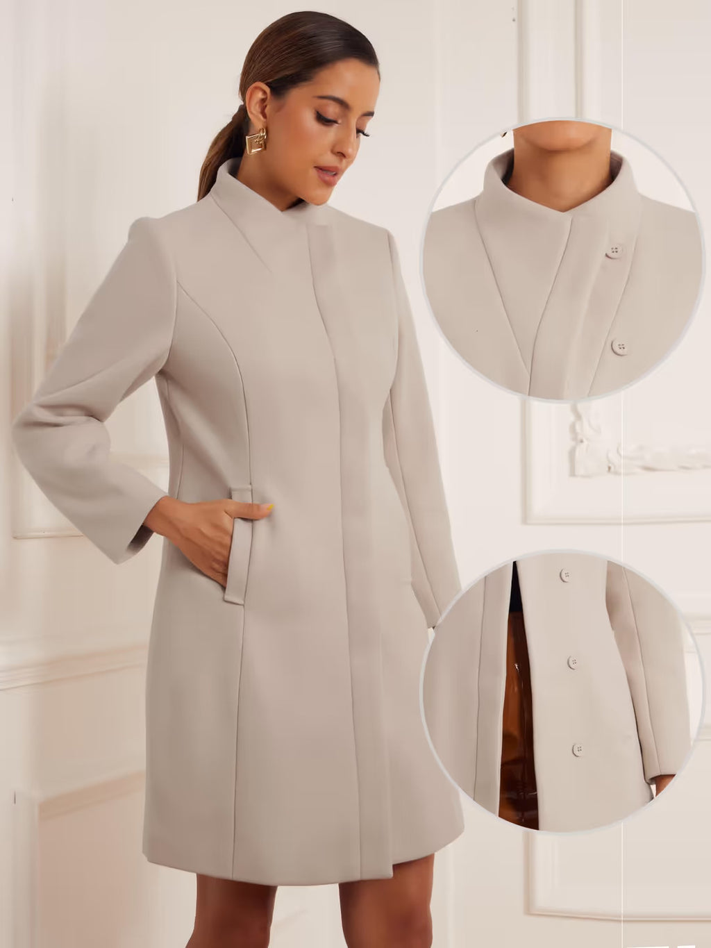 Allegra K Elegant Stand Collar Trench Coat Women's Size Large Beige Long Sleeve
