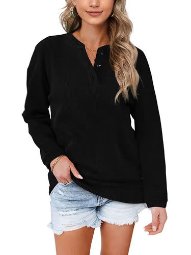 Aokosor V Neck Sweatshirt Women's UK XL Black Button Long Sleeve Casual