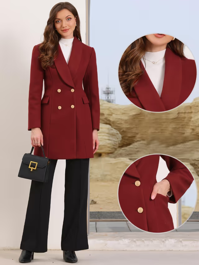 Allegra K Double-Breasted Winter Coat Women's Size XL Burgundy Long Sleeve