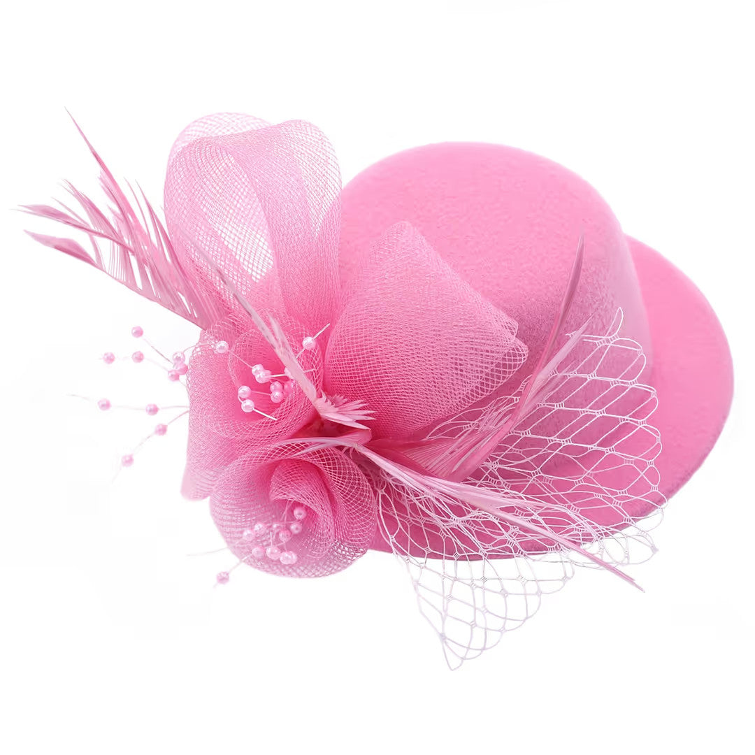 Fascinator Mini Tea Party Hat Women's Baby Pink Feather & Mesh Veil Clip-On