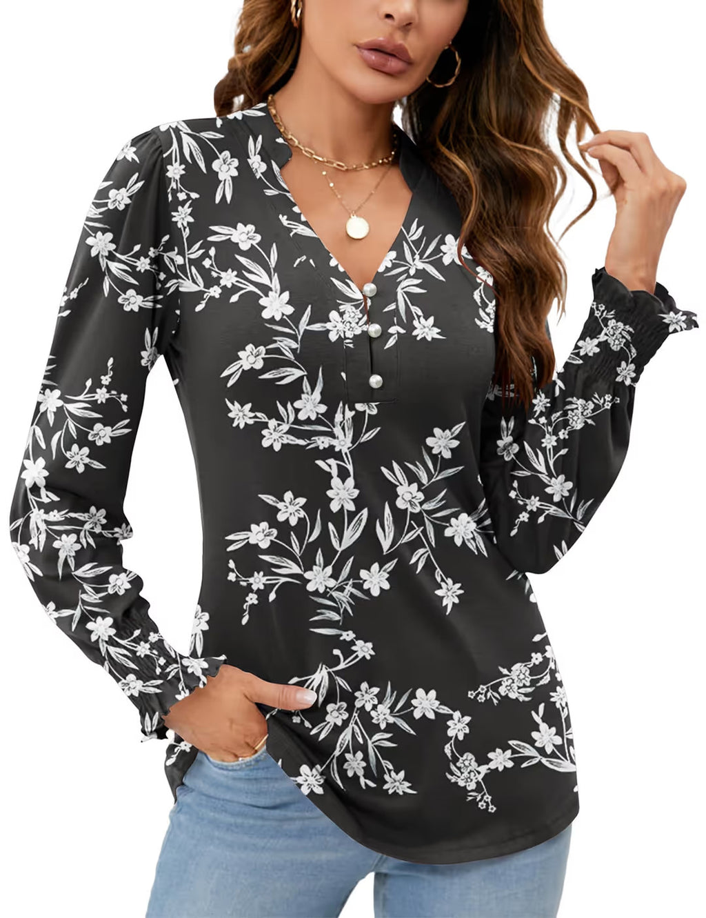 V Neck Button Down Tunic Blouse Women's Size Medium Black Floral Long Sleeve