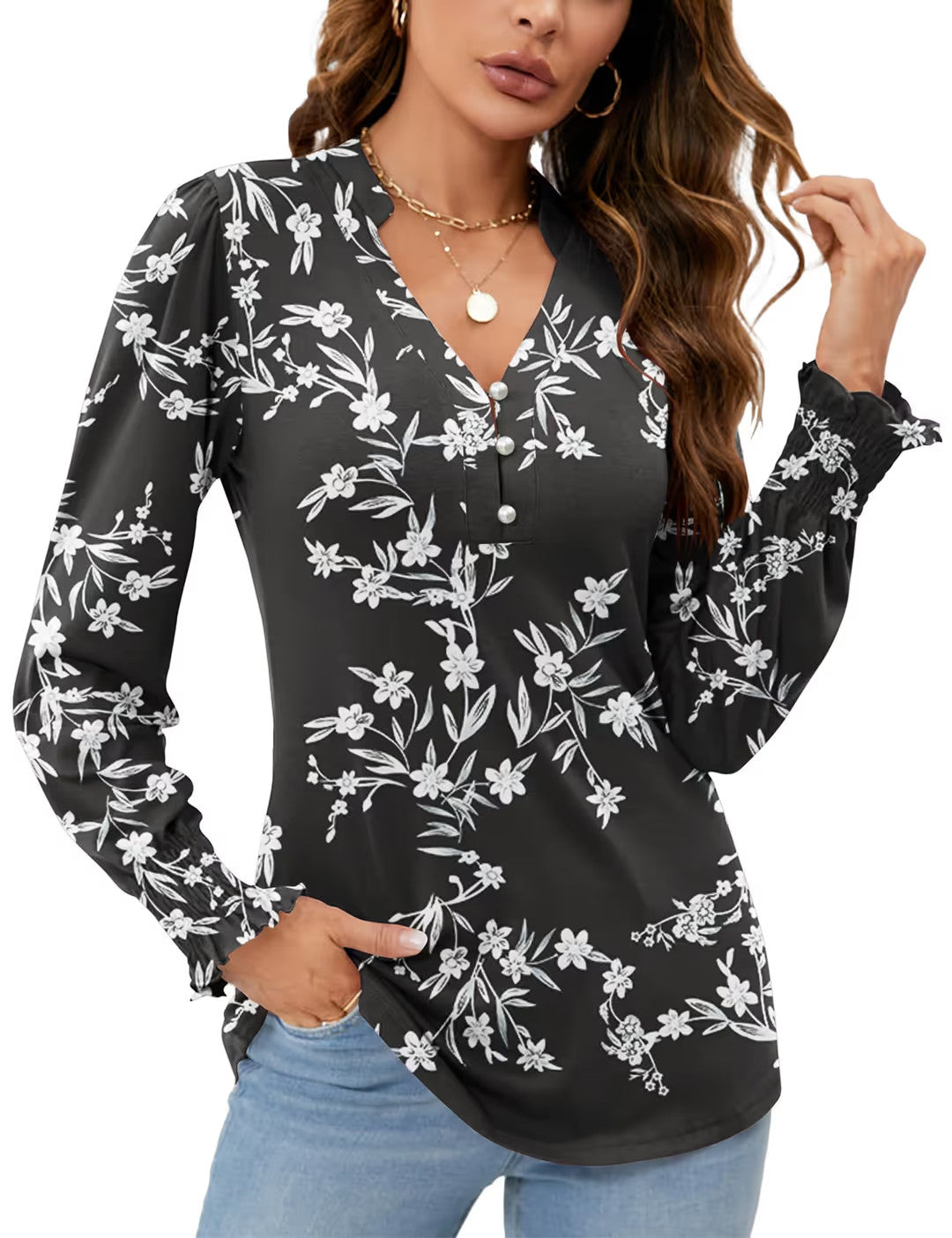 V Neck Button Down Tunic Blouse Women's Size Medium Black Floral Long Sleeve