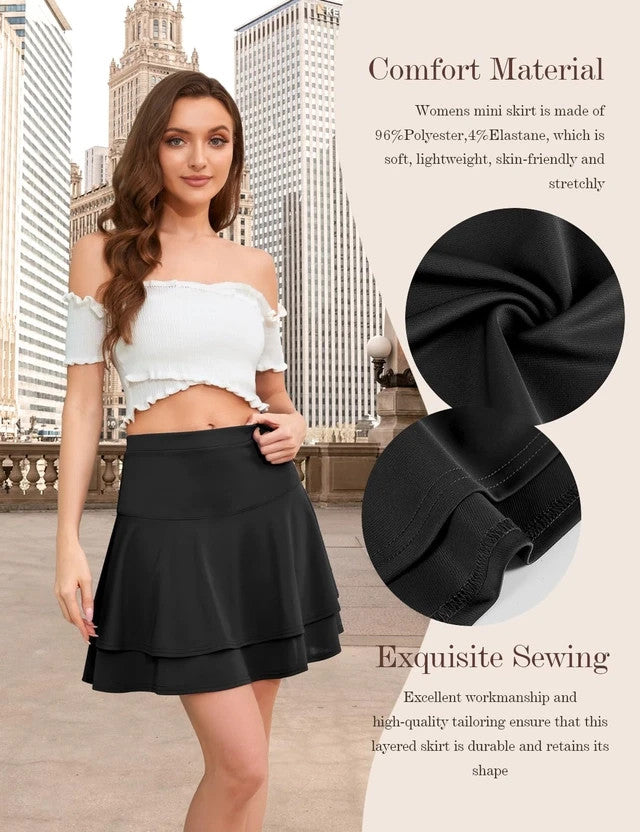 HomRain Ruffle Pleated Mini Skater Skirt Women Size XL Black High Wast Pull On
