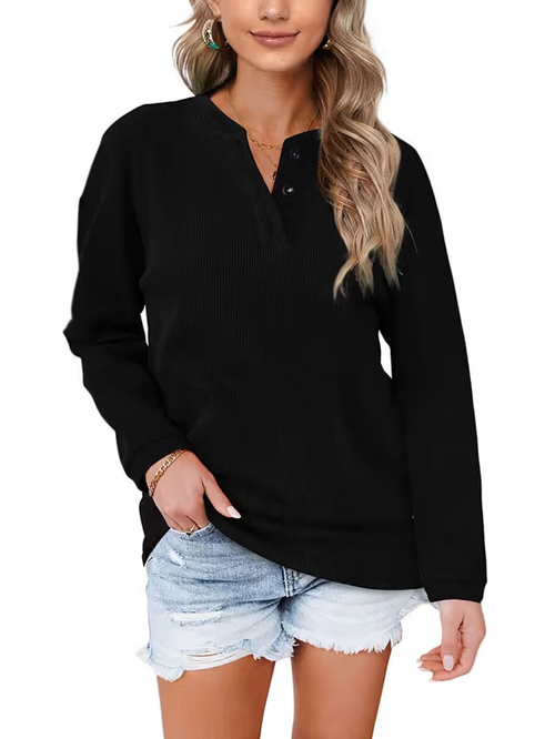 Aokosor V Neck Sweatshirt Women's UK XL Black Button Long Sleeve Casual