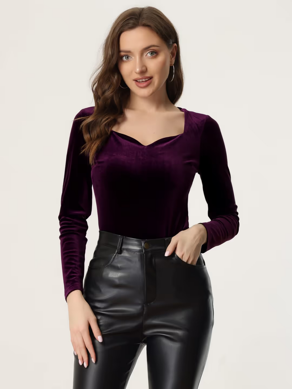Allegra K Velvet Sweetheart Neck Blouse Women's Size XS Purple Long Sleeve